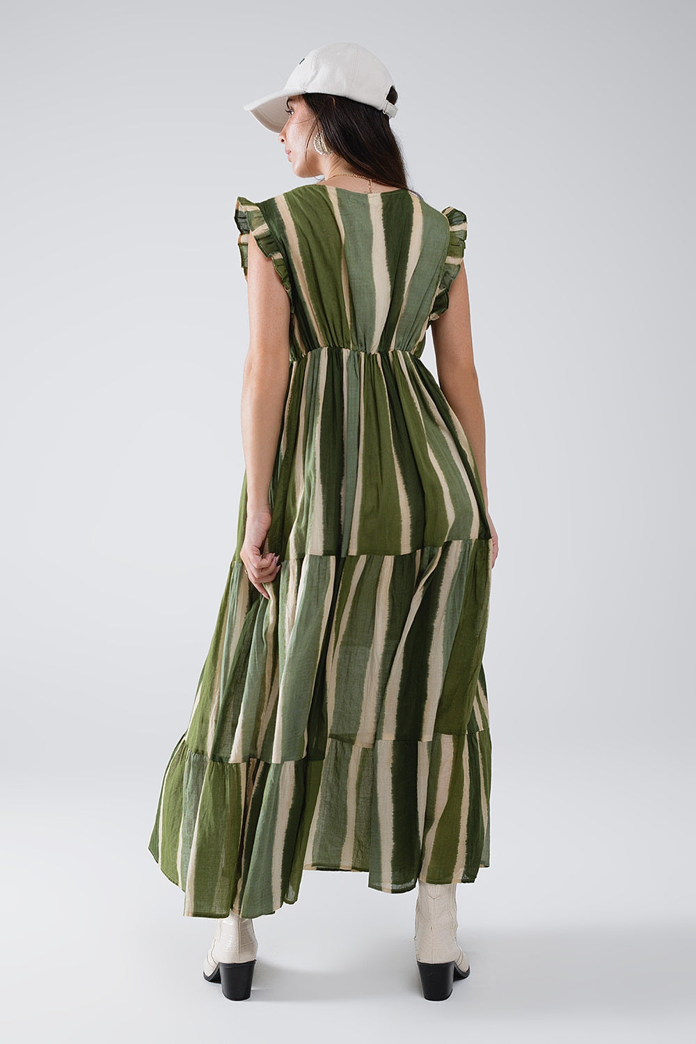 Maxi Vestido Con Cuello En V Y Falda Con Vuelos A Rayas Tie-dye Verde Q2