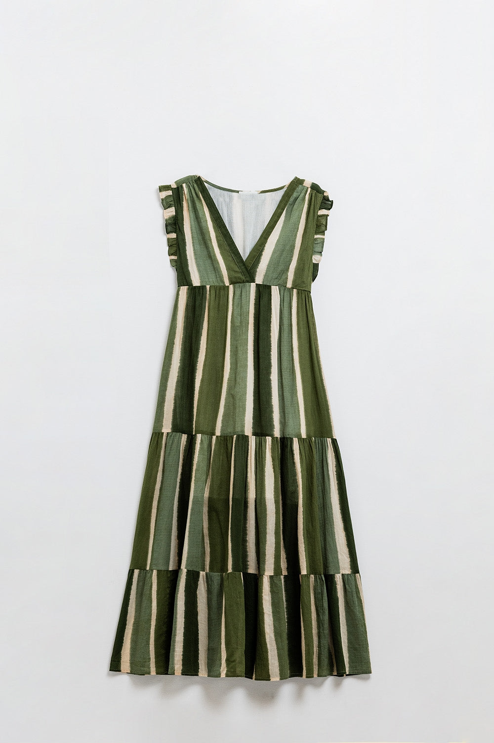 Maxi Vestido Con Cuello En V Y Falda Con Vuelos A Rayas Tie-dye Verde Q2