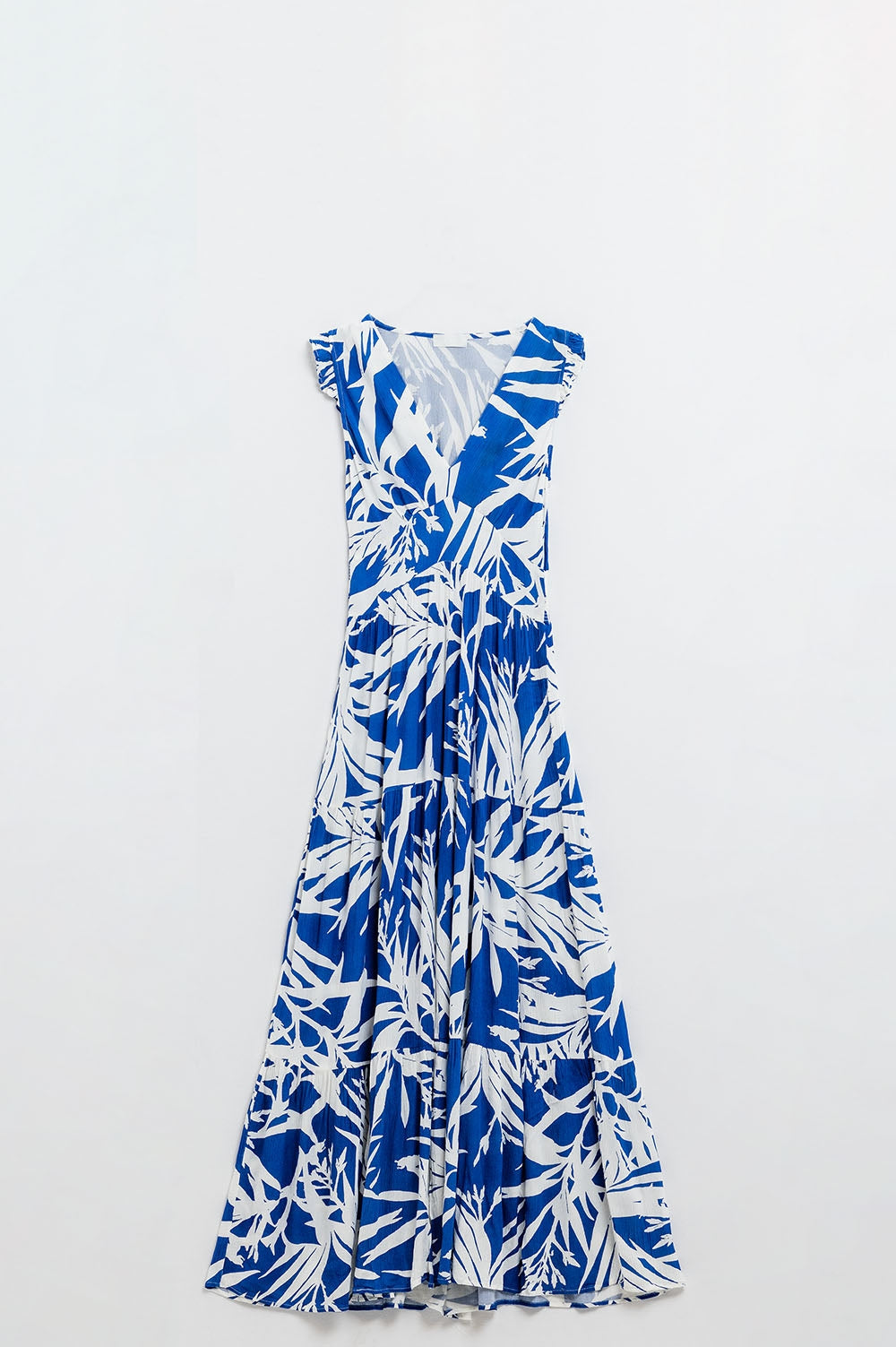 Maxi Vestido con Escote en V y Estampado Tropical en Azul Q2