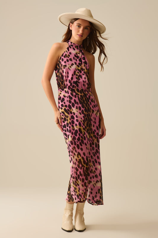 Q2 Vestido midi cruzado con cuello halter en estampado animal rosa y negro
