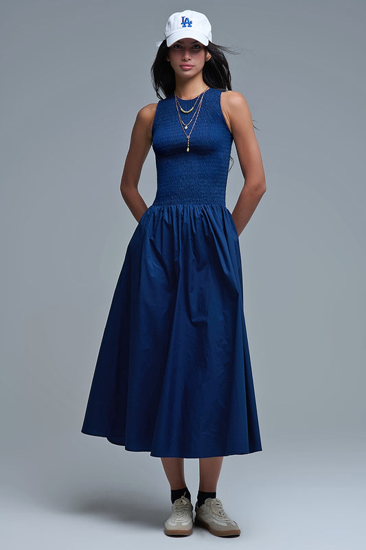Q2 Maxi Vestido de popelina azul marino con detalle fruncido