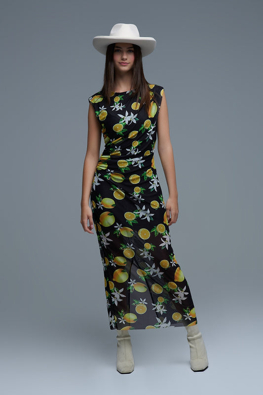 Q2 Maxi Vestido de Tul Negro con Rizo Lateral en Estampado Amarillo Limón