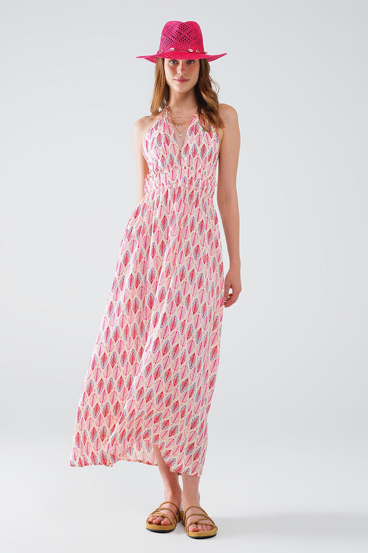 Q2 Maxi Vestido de Verano con Estampado de Plumas y Espalda Abierta en Rosa