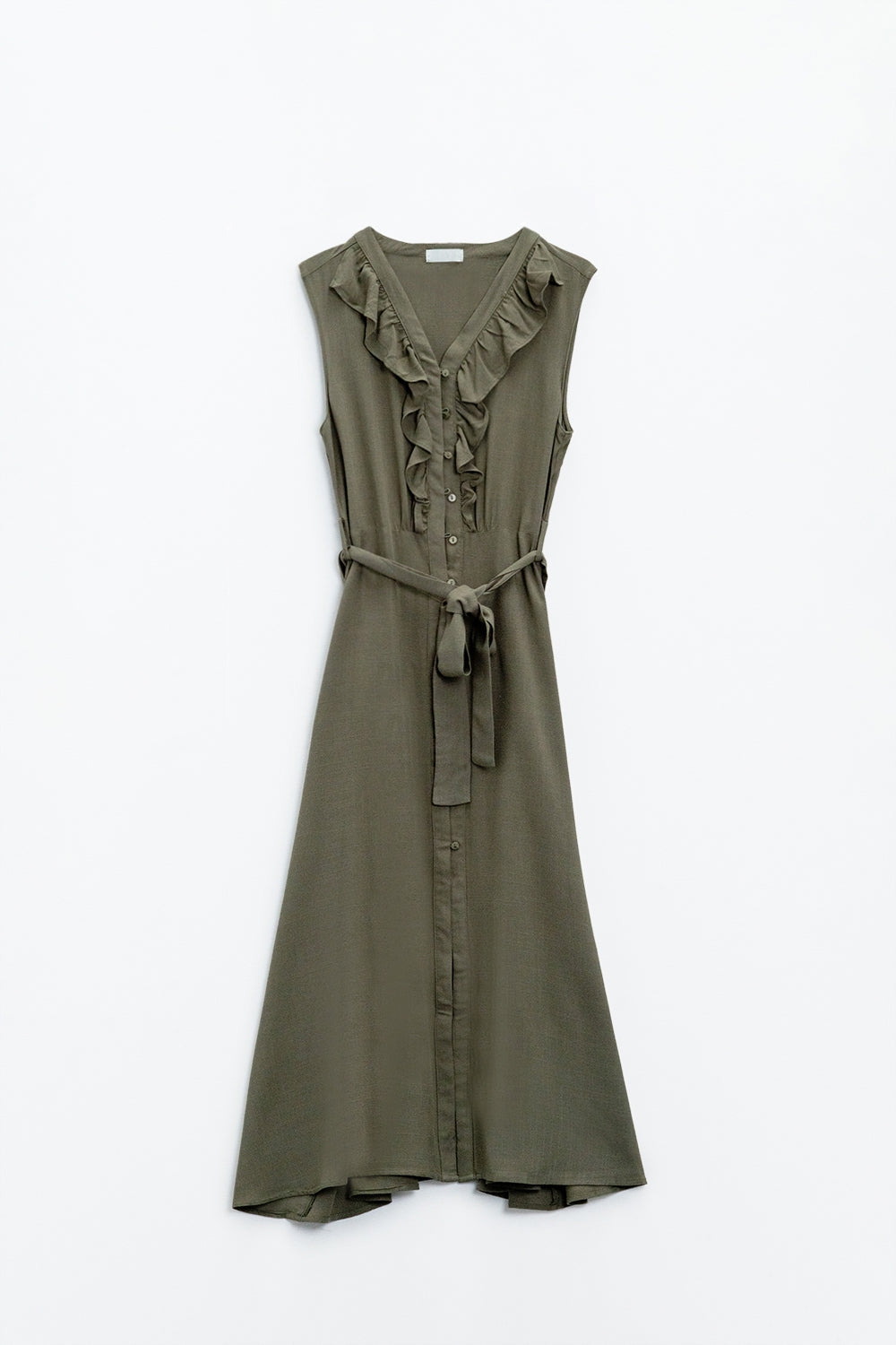 Maxi vestido en color caqui con volante y detalle de botones Q2