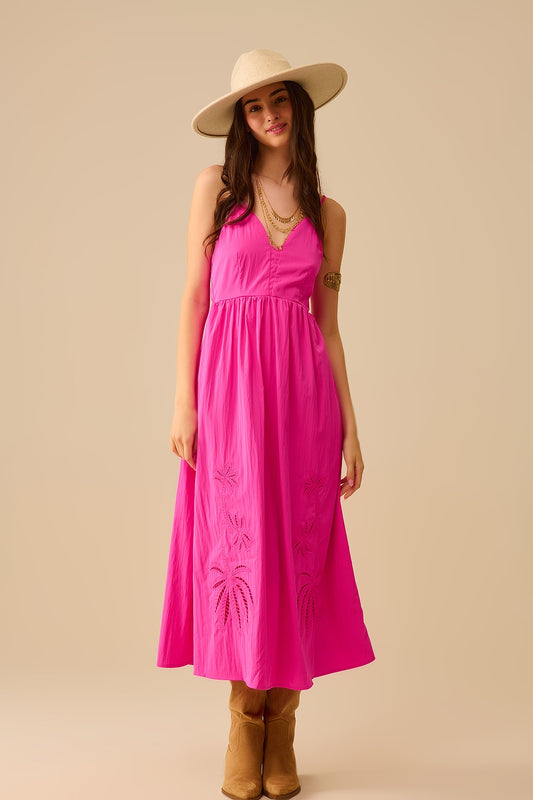 Q2 Maxi vestido fucshia con palmeras bordadas