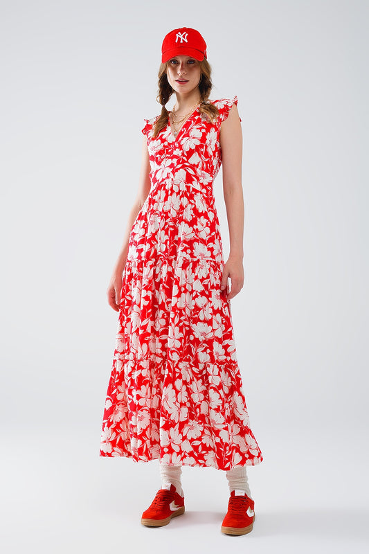 Q2 Maxi vestido rojo con estampado floral y escote en V