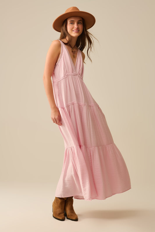 Q2 Maxi Vestido Rosa Con Detalles De Encaje Y Estilo Boho