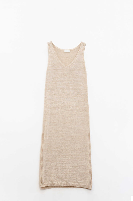 Q2 Maxi Vestido Sin Mangas Beige Con Abertura Lateral