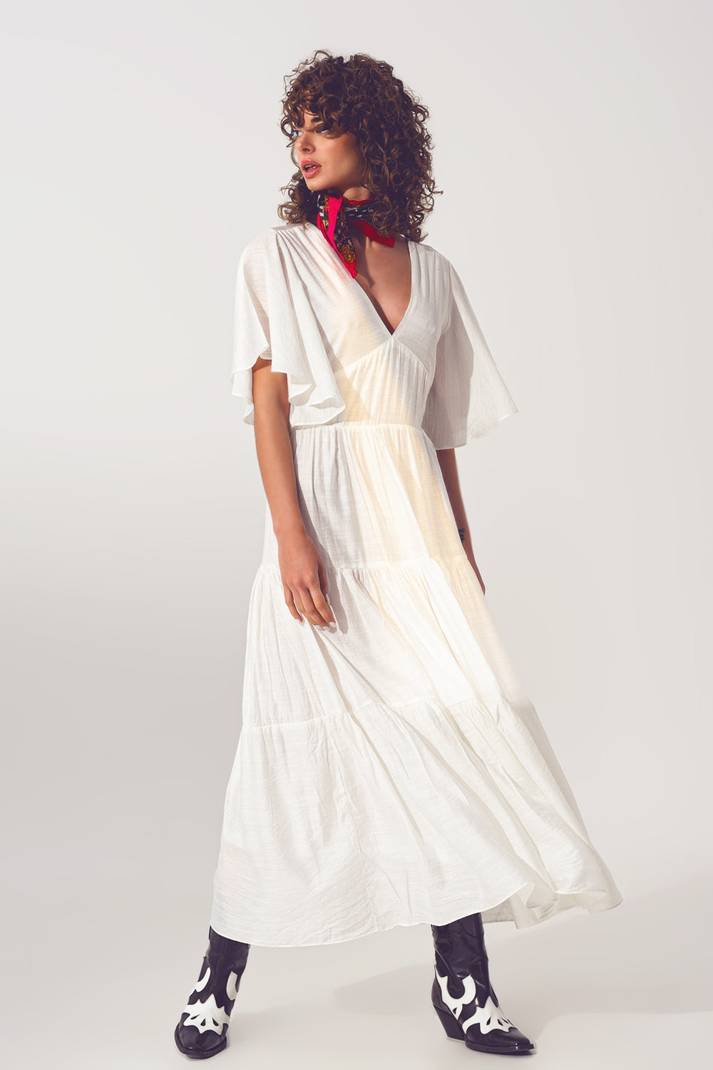 Q2 Maxi Vestido Smock Cuello en V Blanco