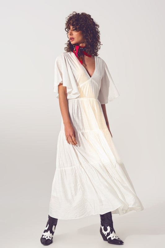 Q2 Maxi Vestido Smock Cuello en V Blanco