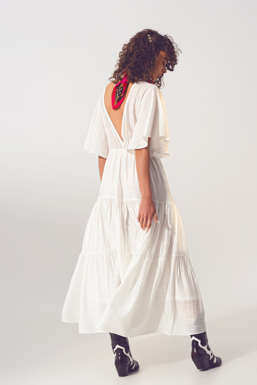 Maxi Vestido Smock Cuello en V Blanco Q2