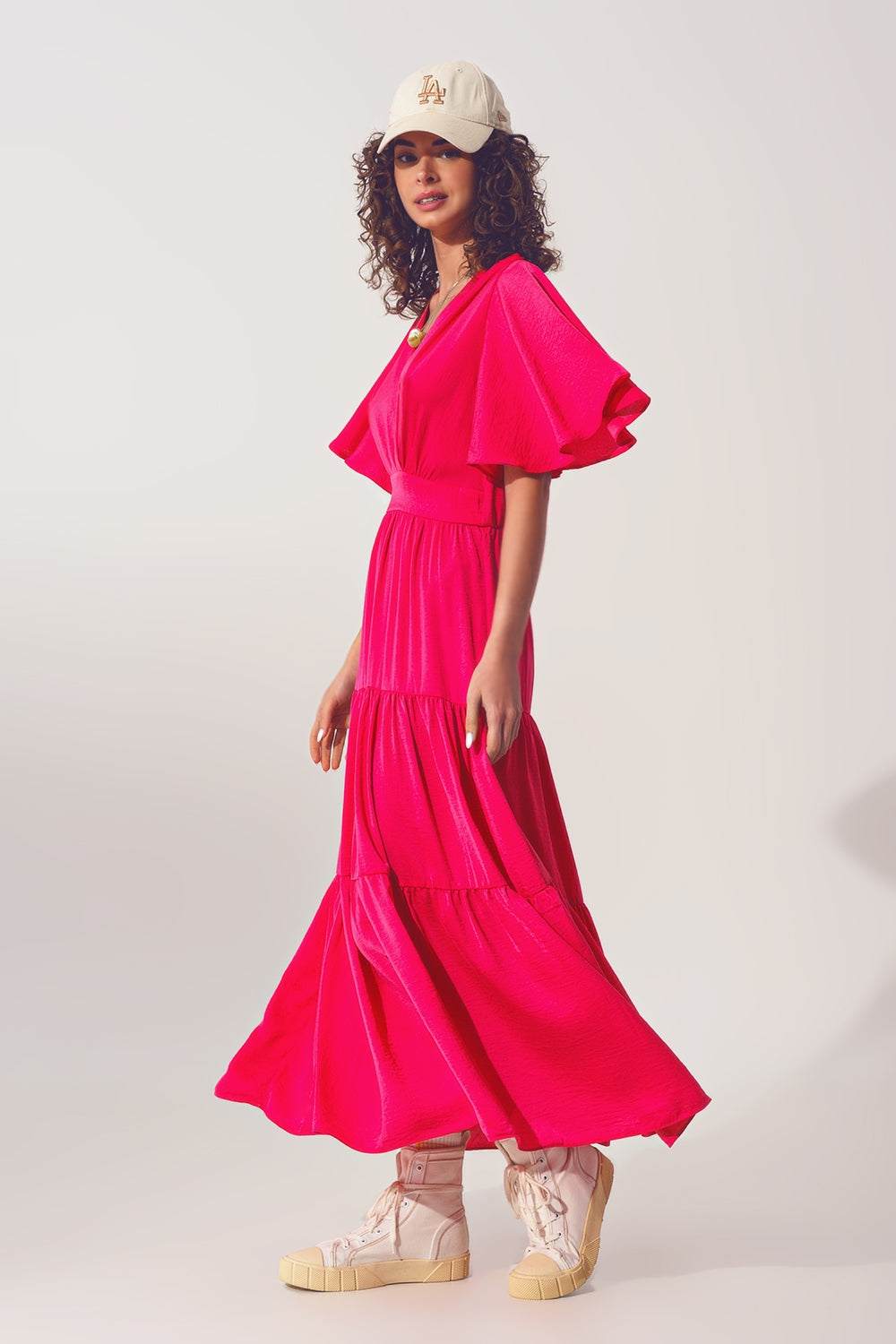 Maxi Vestido Smock Cuello en V fucsia Q2