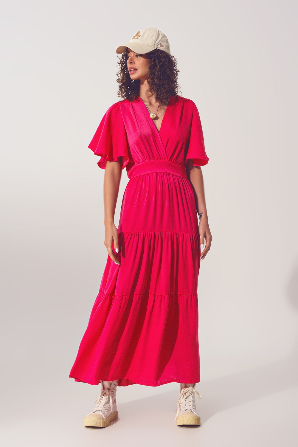 Maxi Vestido Smock Cuello en V fucsia Q2