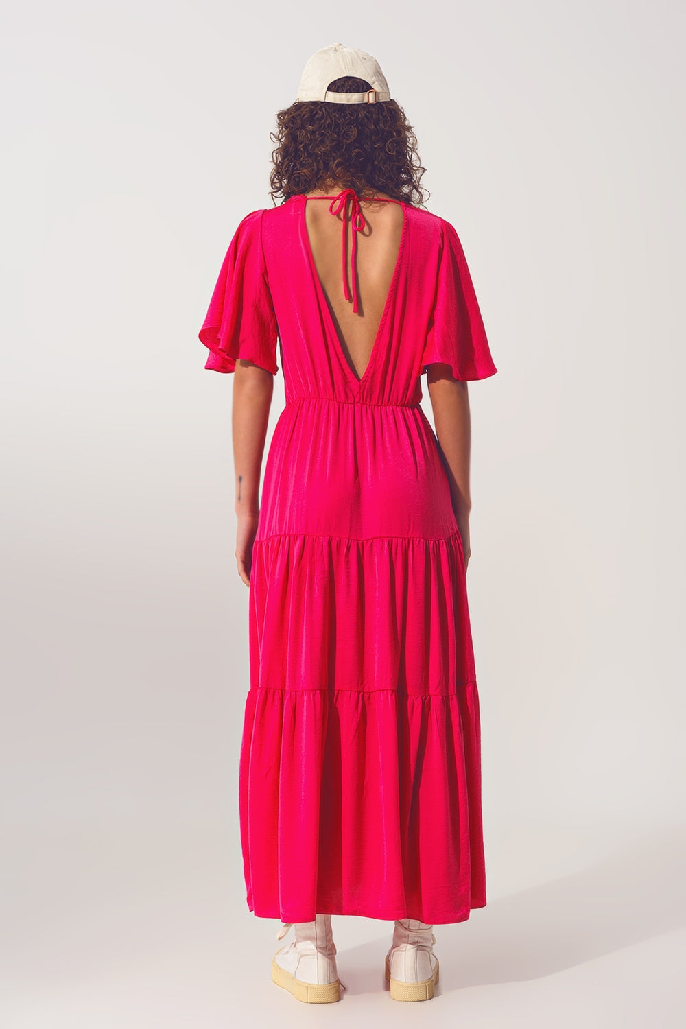 Maxi Vestido Smock Cuello en V fucsia Q2