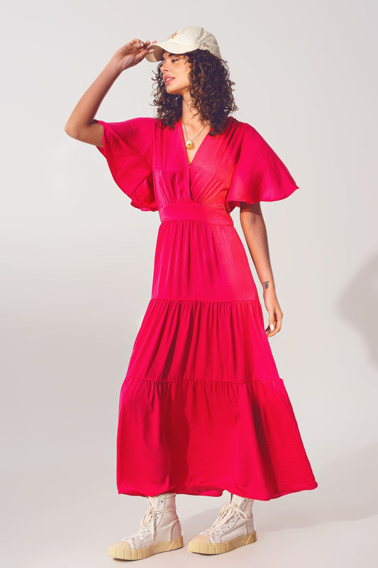 Q2 Maxi Vestido Smock Cuello en V fucsia