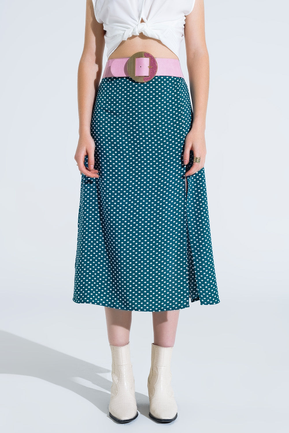 Maxifalda verde con estampado de flores y abertura lateral Q2
