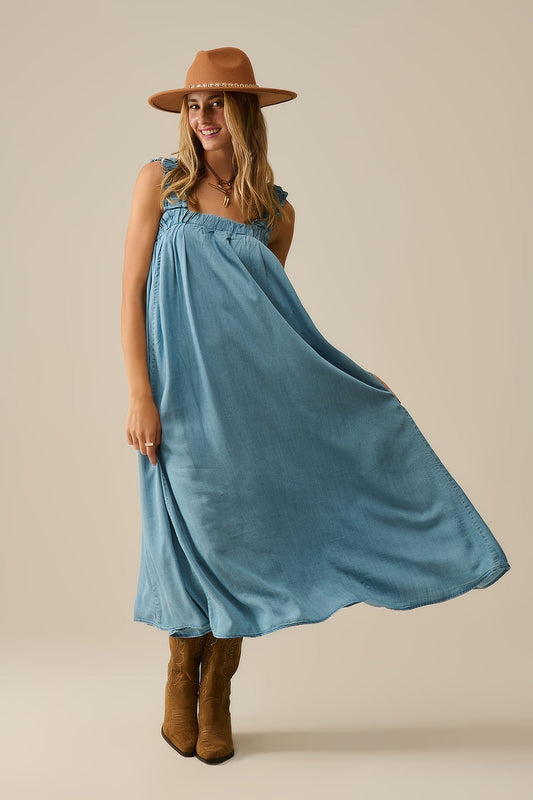 Maxivestido azul claro con tirantes de volantes en tejido de tencel Q2