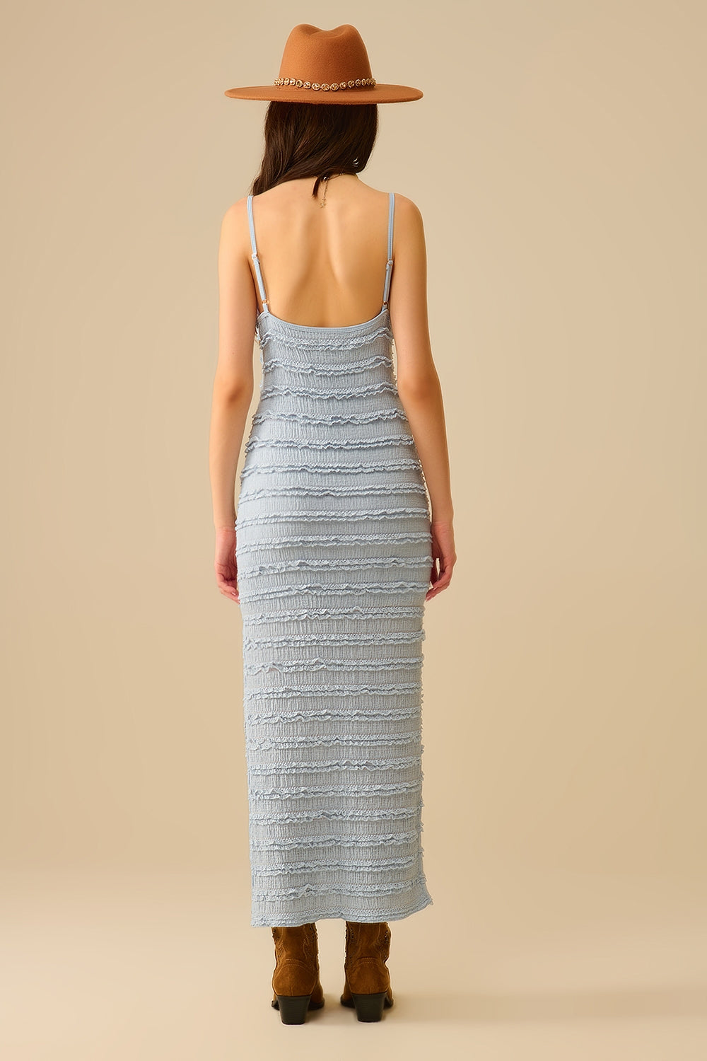 Maxivestido de volantes con abertura en color azul Q2