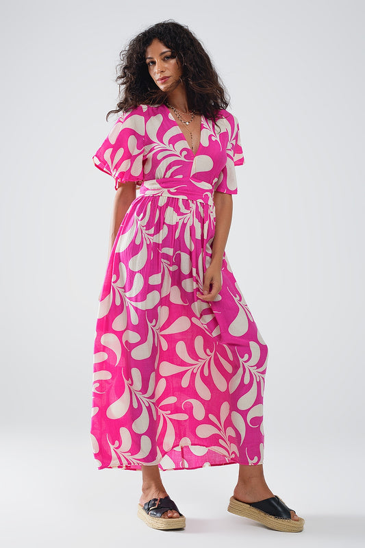 Q2 Maxivestido fucsia con estampado floral y espalda abierta