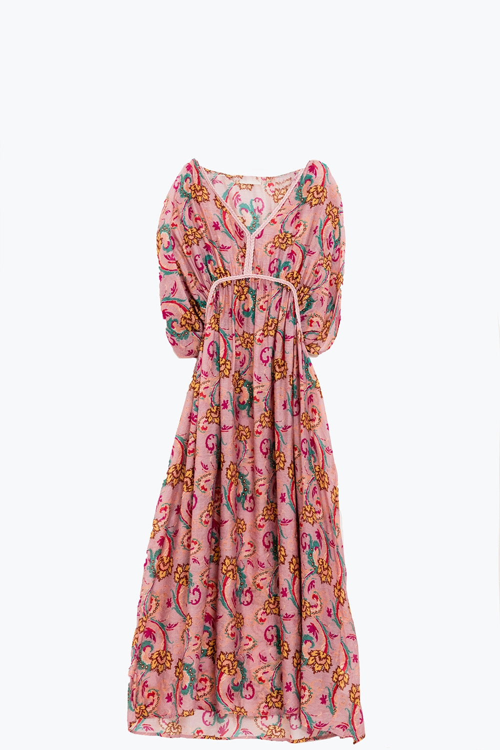 Maxivestido rosa con costuras trenzadas y estampado de flores Q2
