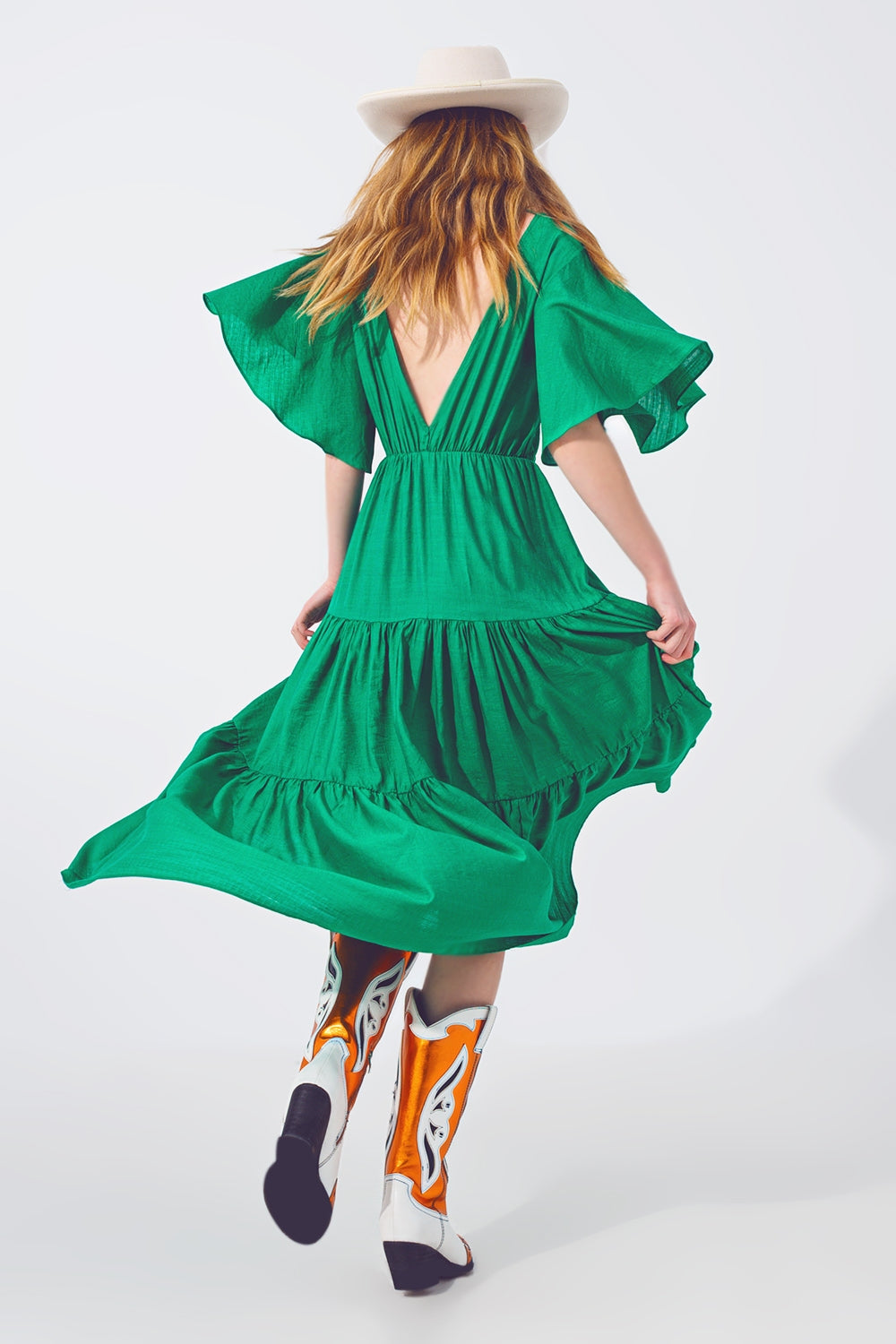 Q2 Maxivestido Smock Cuello en V Verde