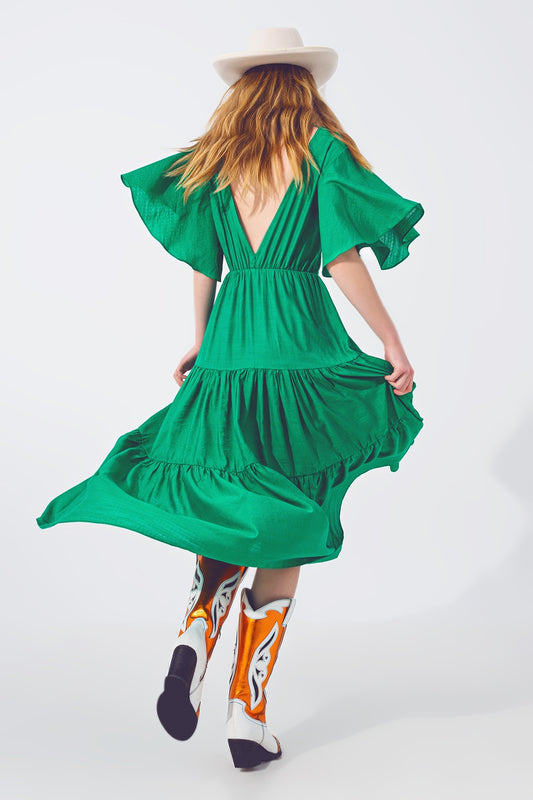 Q2 Maxivestido Smock Cuello en V Verde