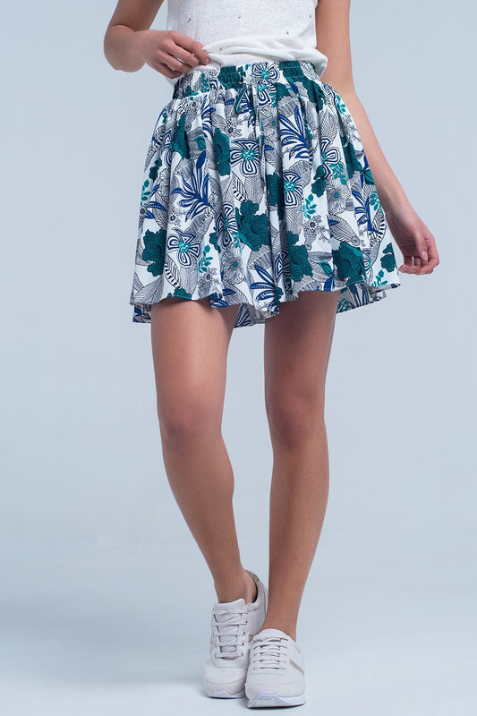 Q2 Mini falda pantalon azul con estampado floral