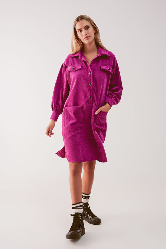 Q2 Mini vestido camisero de pana en fucsia