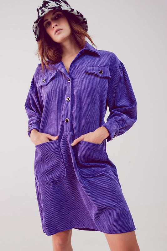 Q2 Mini vestido camisero de pana en morado