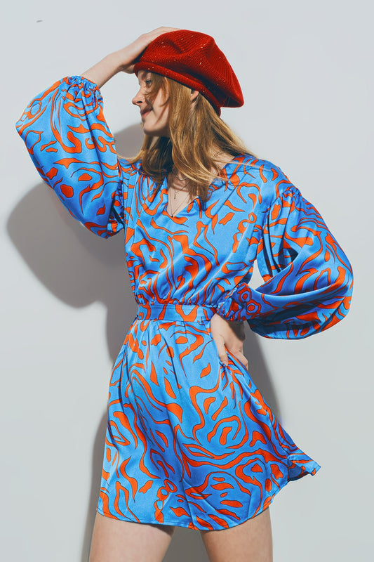 Q2 Mini Vestido de Satén con Cuello en V Azul