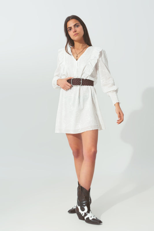 Q2 Mini Vestido Floral con Volantes en Blanco