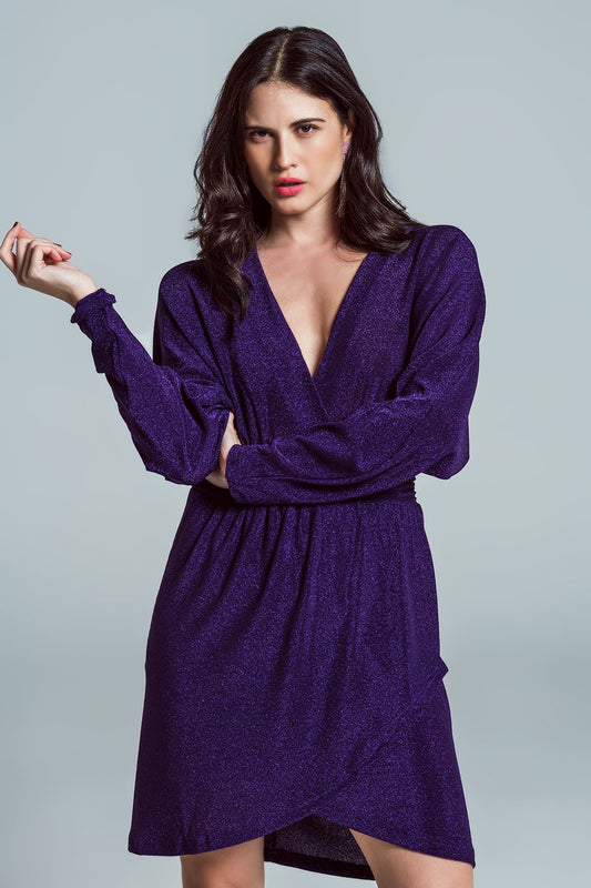 Q2 Mini vestido largo de purpurina con escote en V en morado