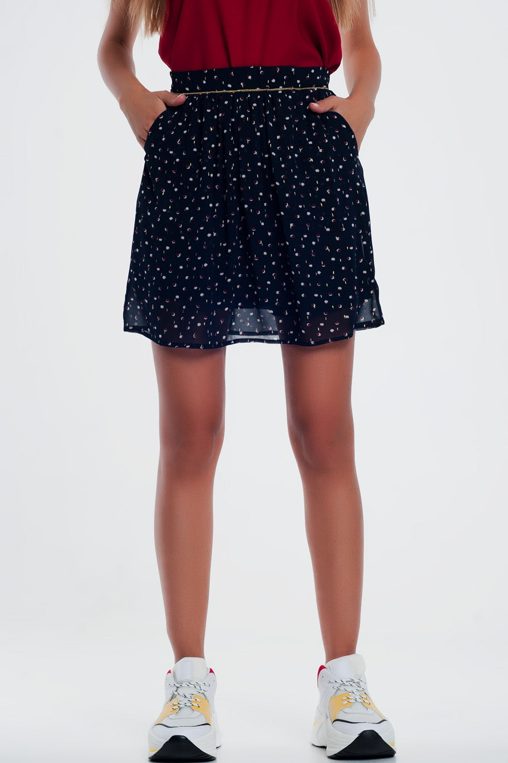 Minifalda azul marino y estampado de lunares garabateados Q2