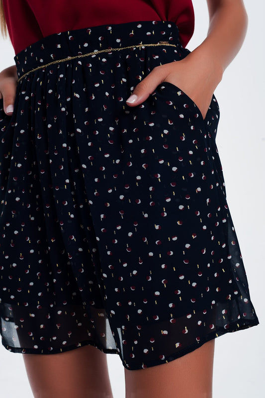 Q2 Minifalda azul marino y estampado de lunares garabateados