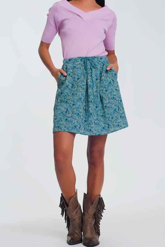 Q2 Minifalda con estampado de florecitas en verde