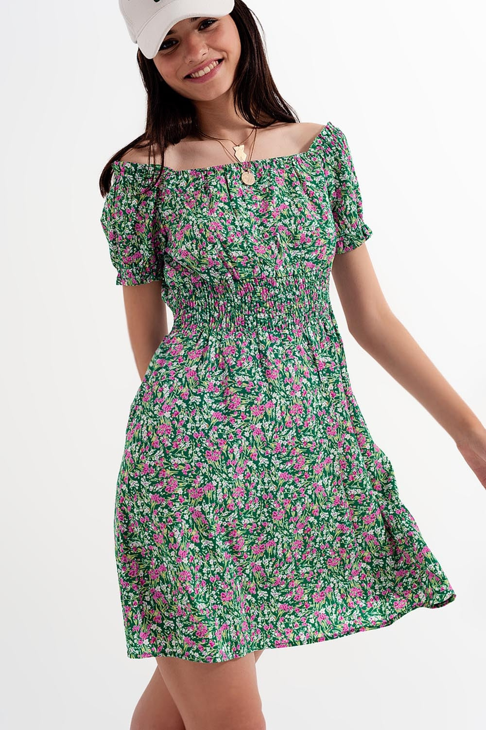 Minivestido con detalle de pliegues en estampado floral verde Q2