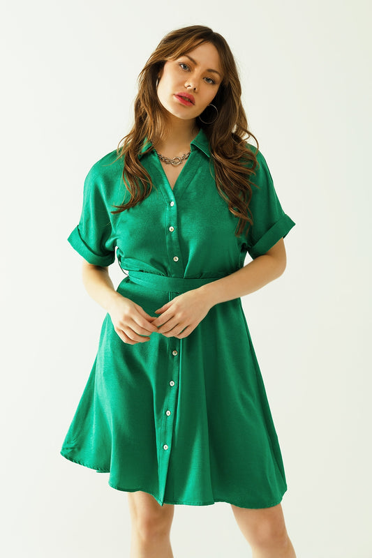 Q2 Minivestido relajado con cinturón y botones en la parte delantera en color verde