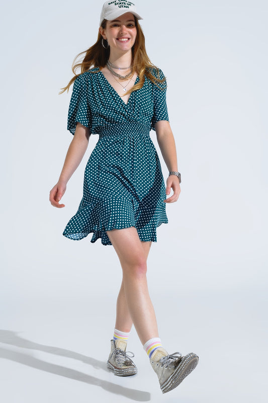 Q2 Minivestido verde con cintura ceñida y estampado floral
