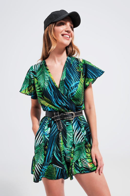 Q2 Mono corto verde cruzado con estampado hojas tropicales