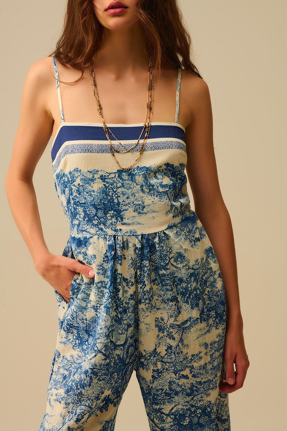 Mono estampado Toile de Jouy con tirantes finos Q2