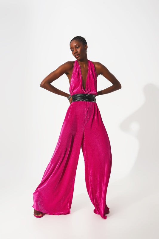 Q2 Mono largo plisado con cuello halter de satén fucsia