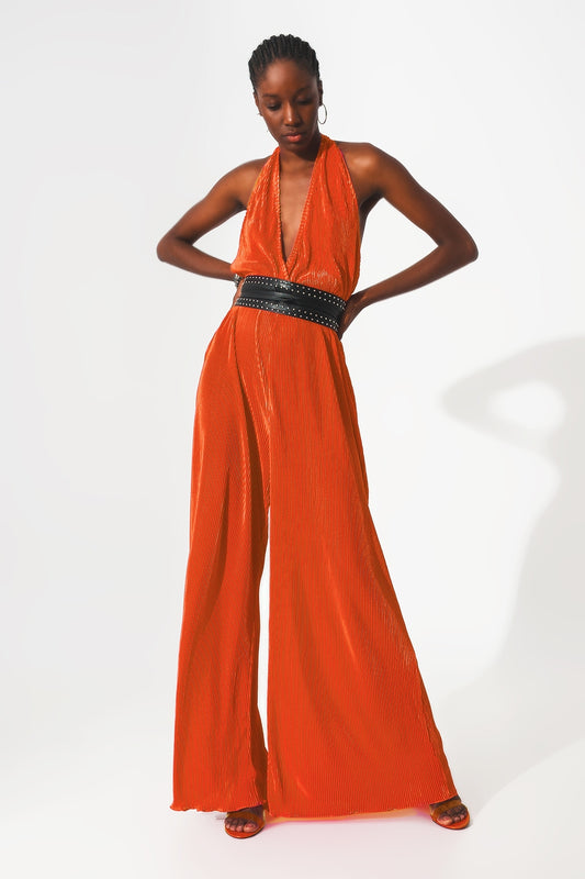 Q2 Mono largo plisado con cuello halter de satén naranja