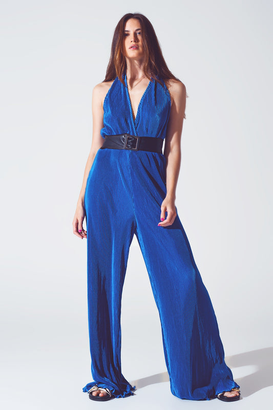 Q2 Mono largo Plisado de Raso con Cuello Halter en Azul