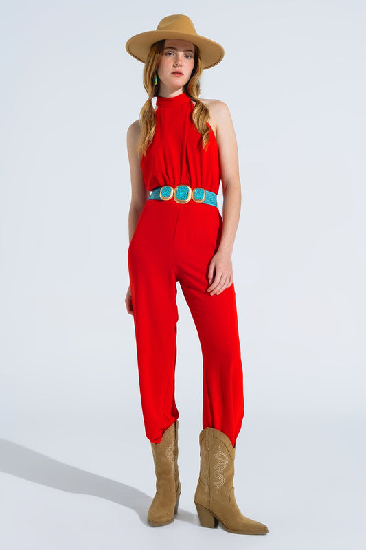 Q2 Mono rojo con escote halter cruzado