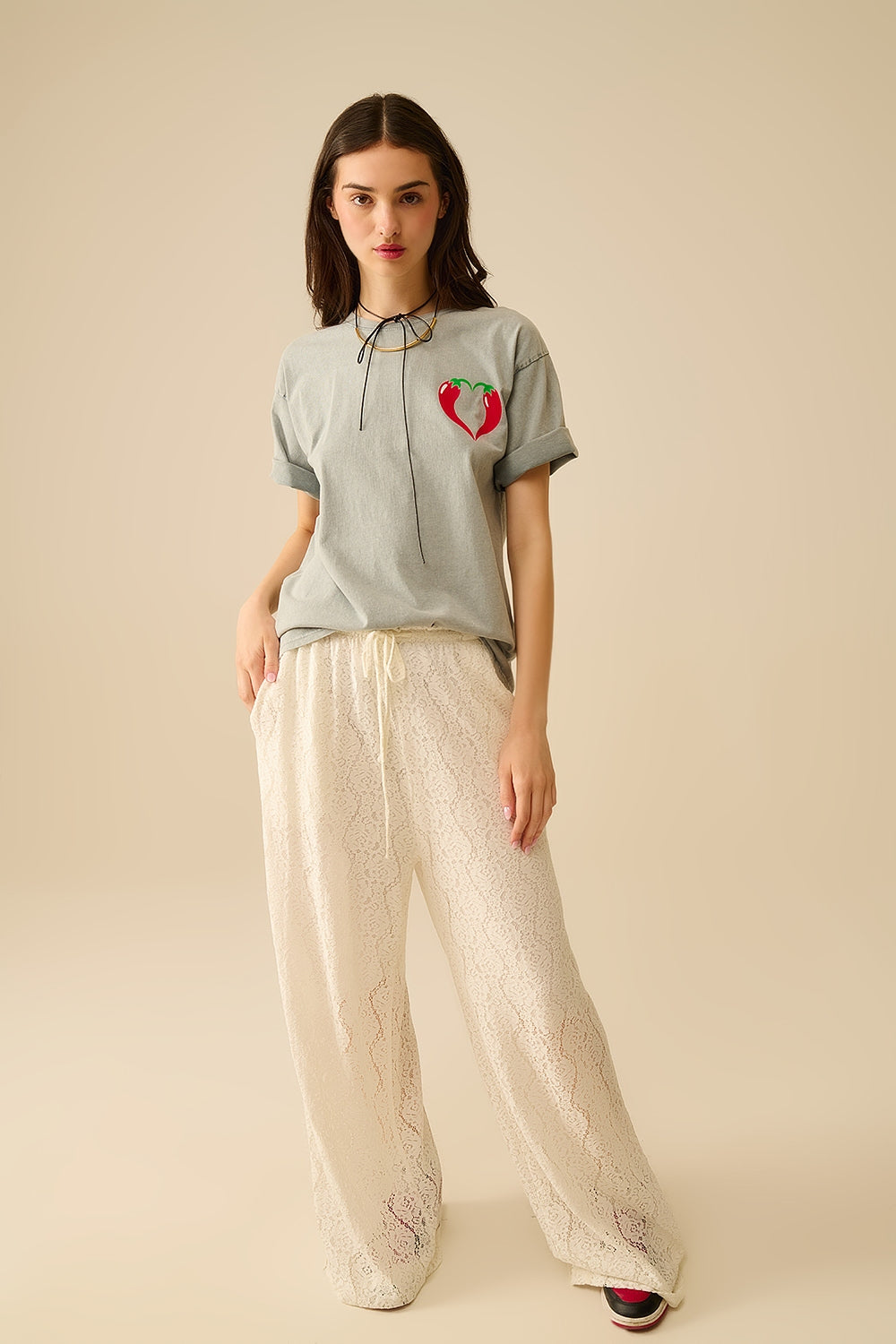pantalón ancho de encaje con cintura elástica Q2