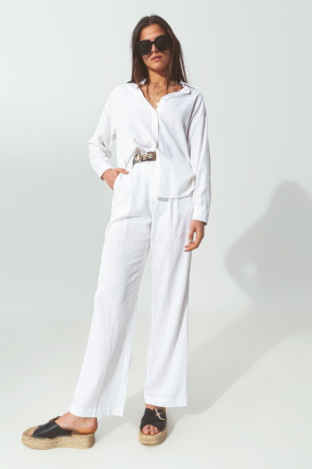 pantalón ancho de pinzas tejido algodon ligero en Blanco Q2