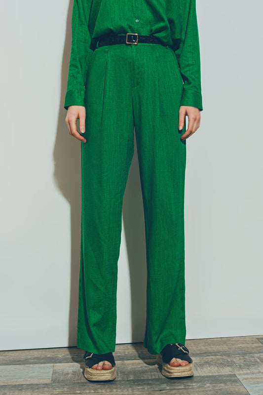 Q2 pantalón ancho de pinzas tejido algodon ligero en verde