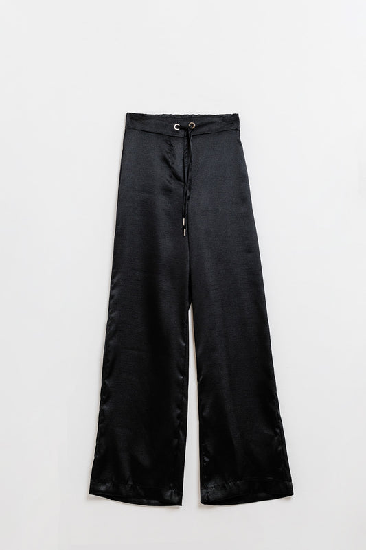 Q2 Pantalón ancho de raso negro con cordón de ajuste