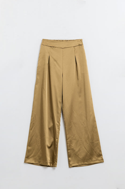 Q2 Pantalón ancho de satén dorado de cintura alta