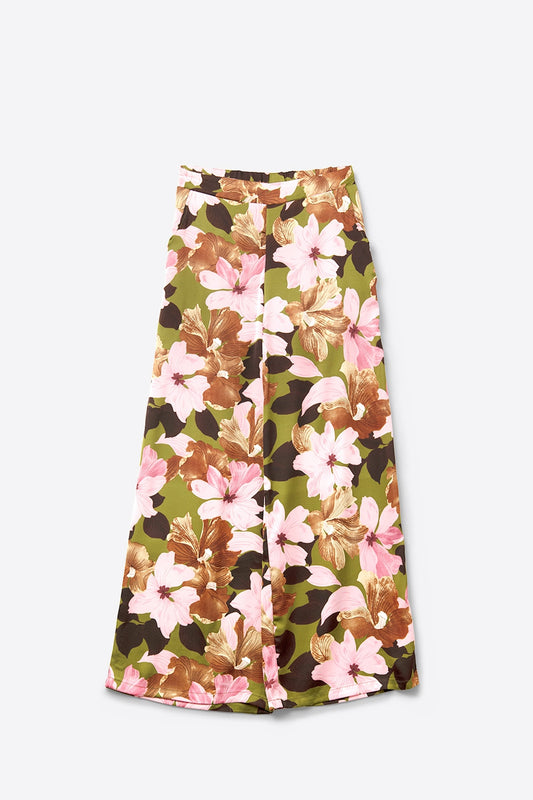 Q2 Pantalón ancho floral tropical multicolor en tejido satinado